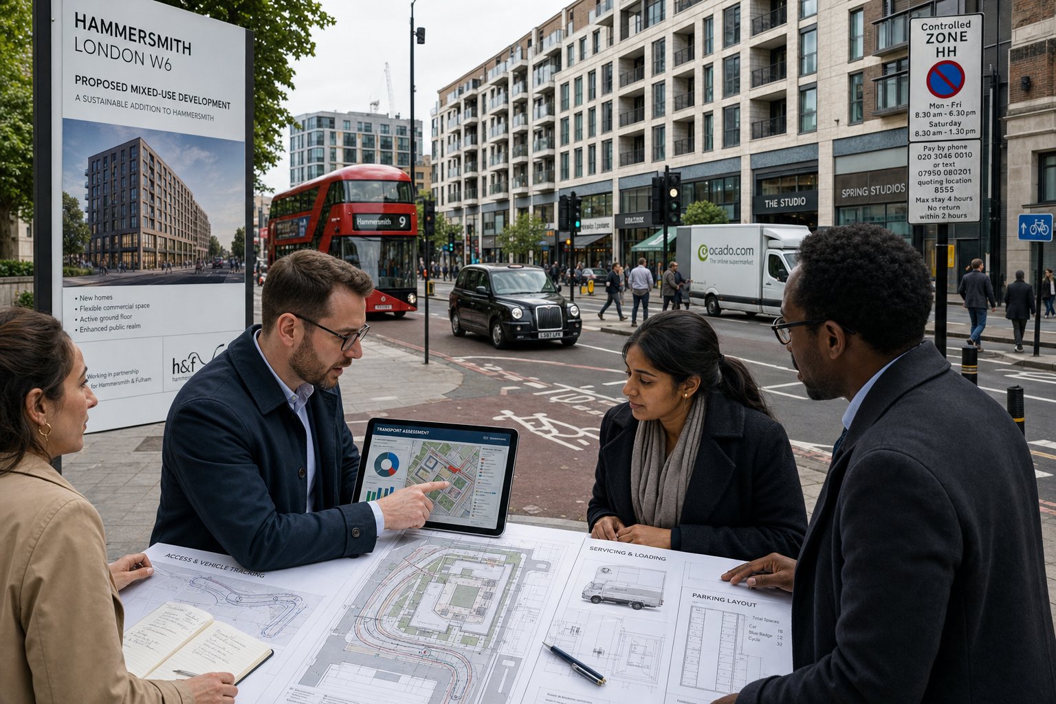 Traffic engineer reviewing a Hammersmith development site with planners on a busy street.