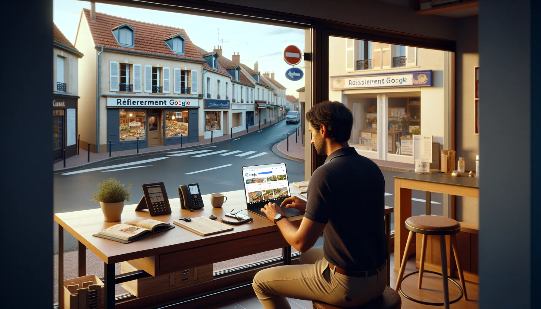 French shop owner looking at Google results for Roissy-en-Brie local SEO.