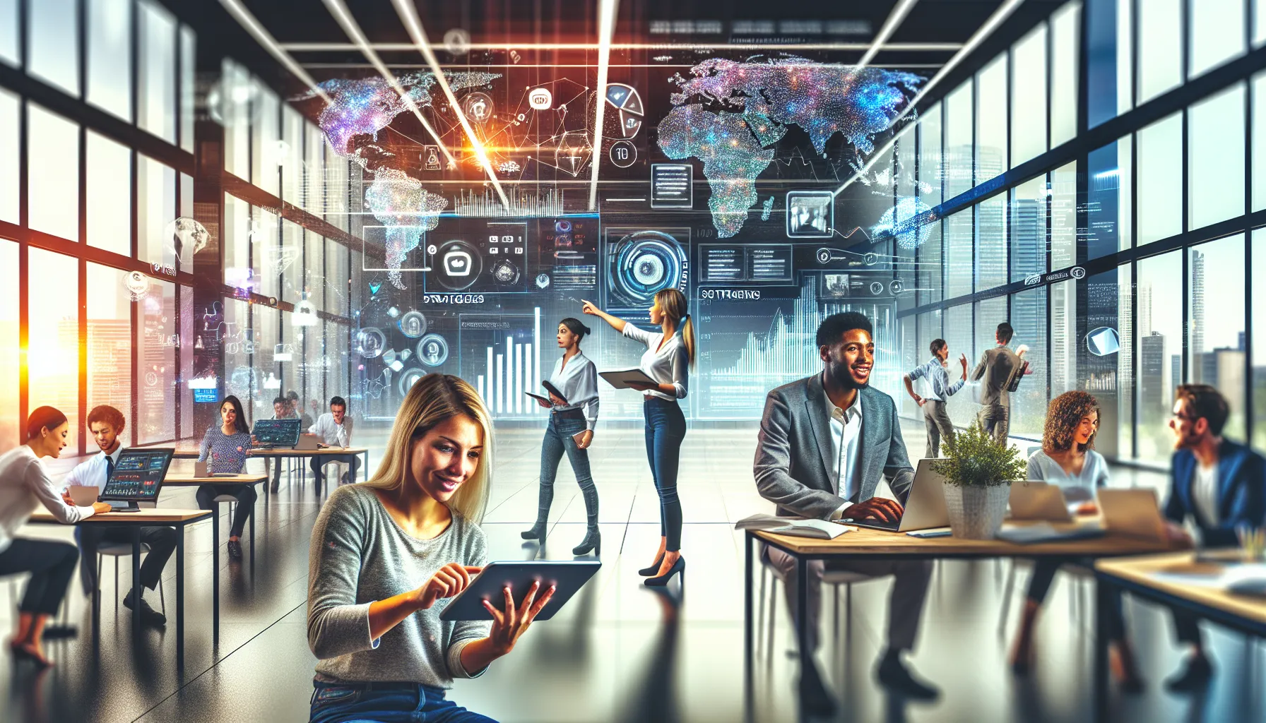 diverse professionals collaborating in a modern workspace.