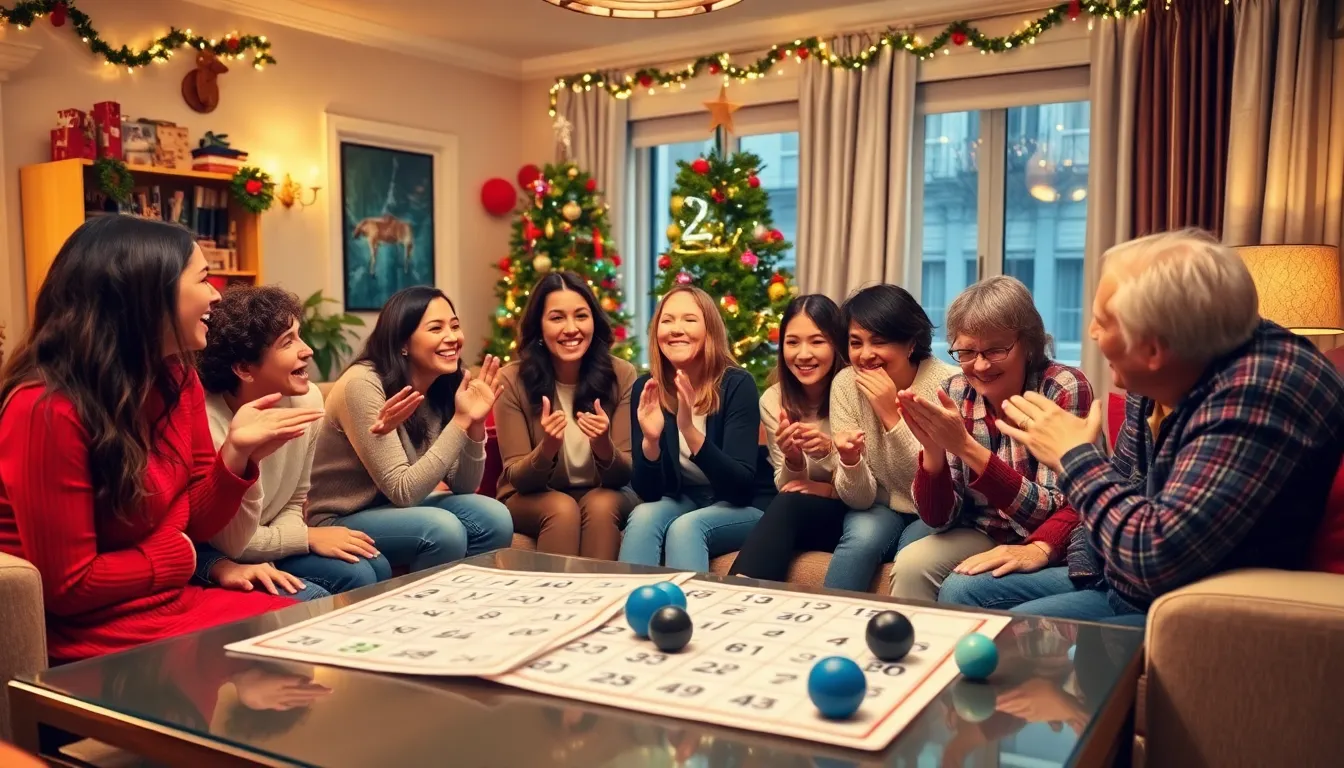 family enjoying classic Christmas party games in a festive living room.