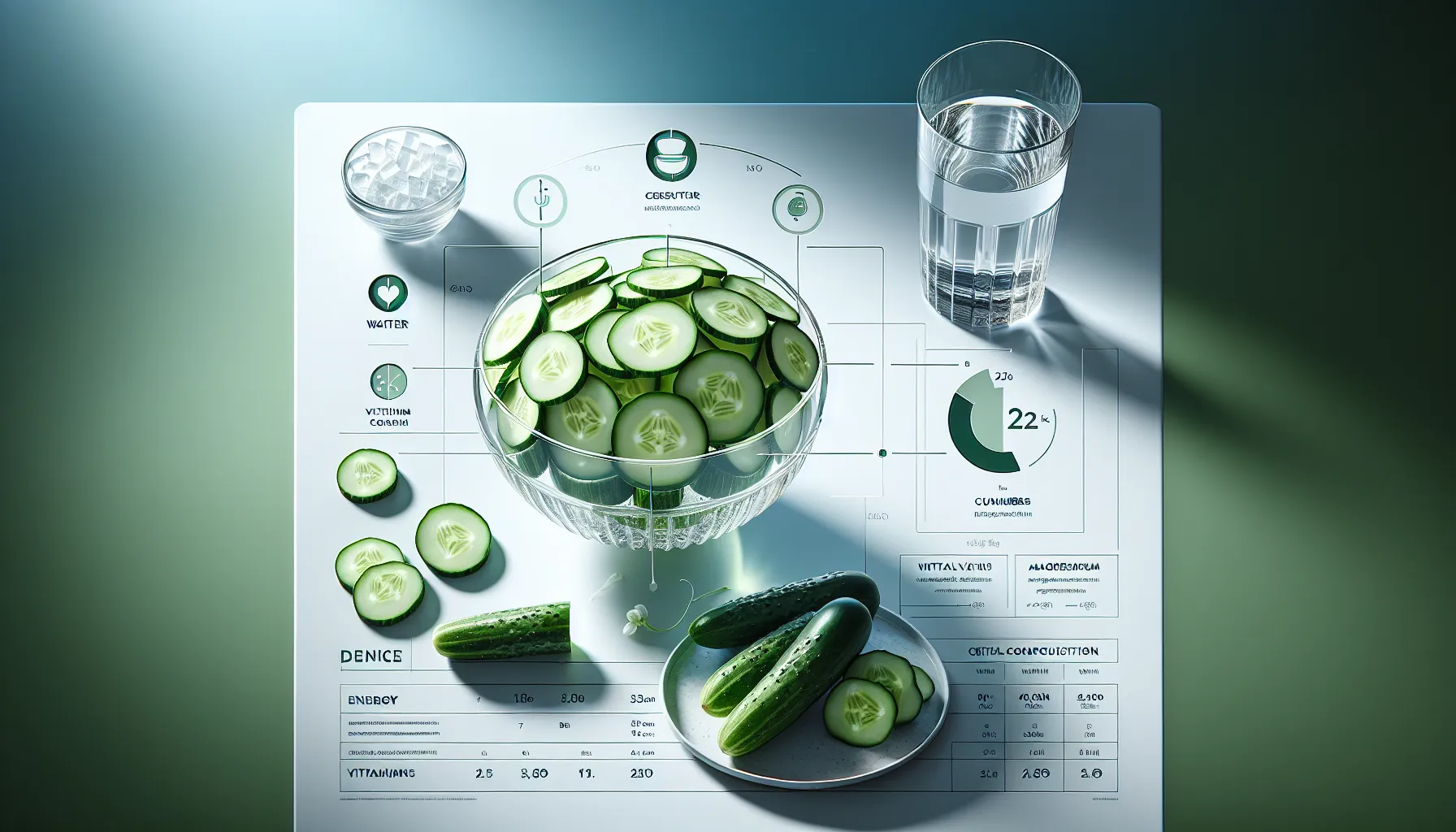 Fresh cucumber slices and a clear nutrition chart on a modern table.