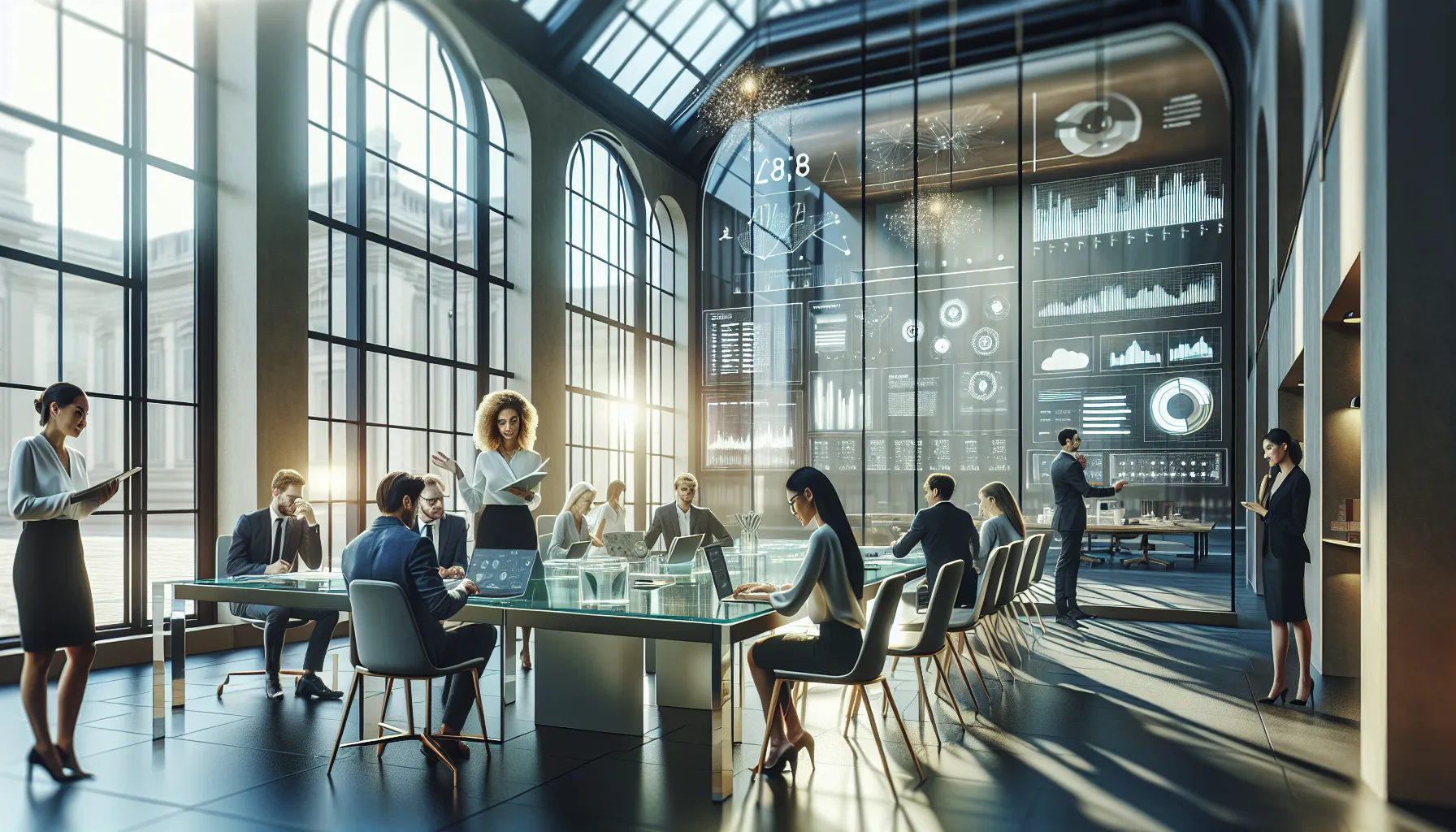 diverse professionals collaborating in a modern office setting.