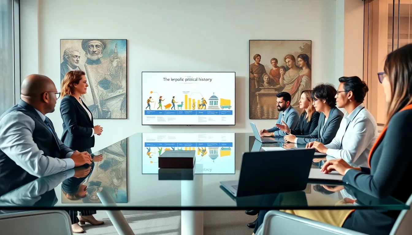 diverse team discussing political history in a modern conference room.