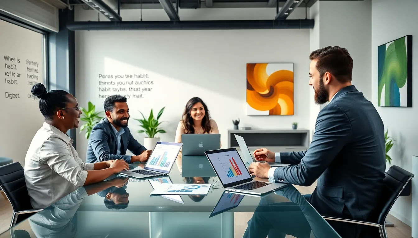 diverse team discussing habits in a modern office.