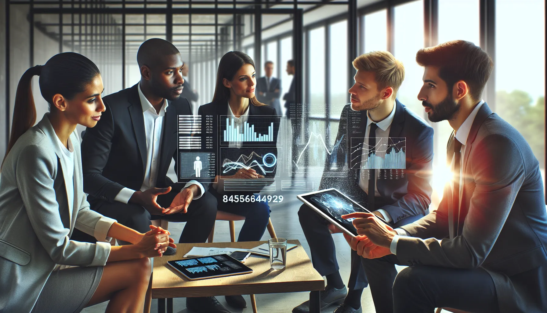 diverse professionals discussing digital data in a modern office.