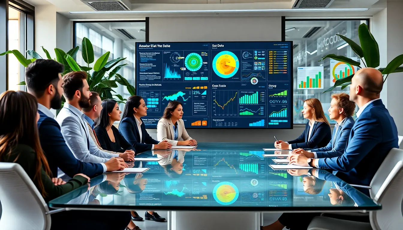 Diverse team collaborates on data-driven insights in modern office.