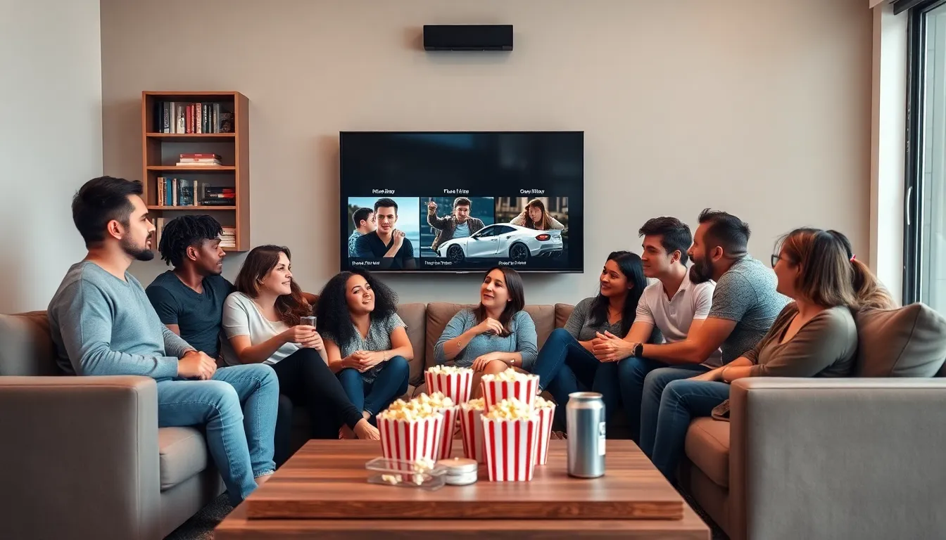 diverse group enjoying films at home on a large-screen TV.