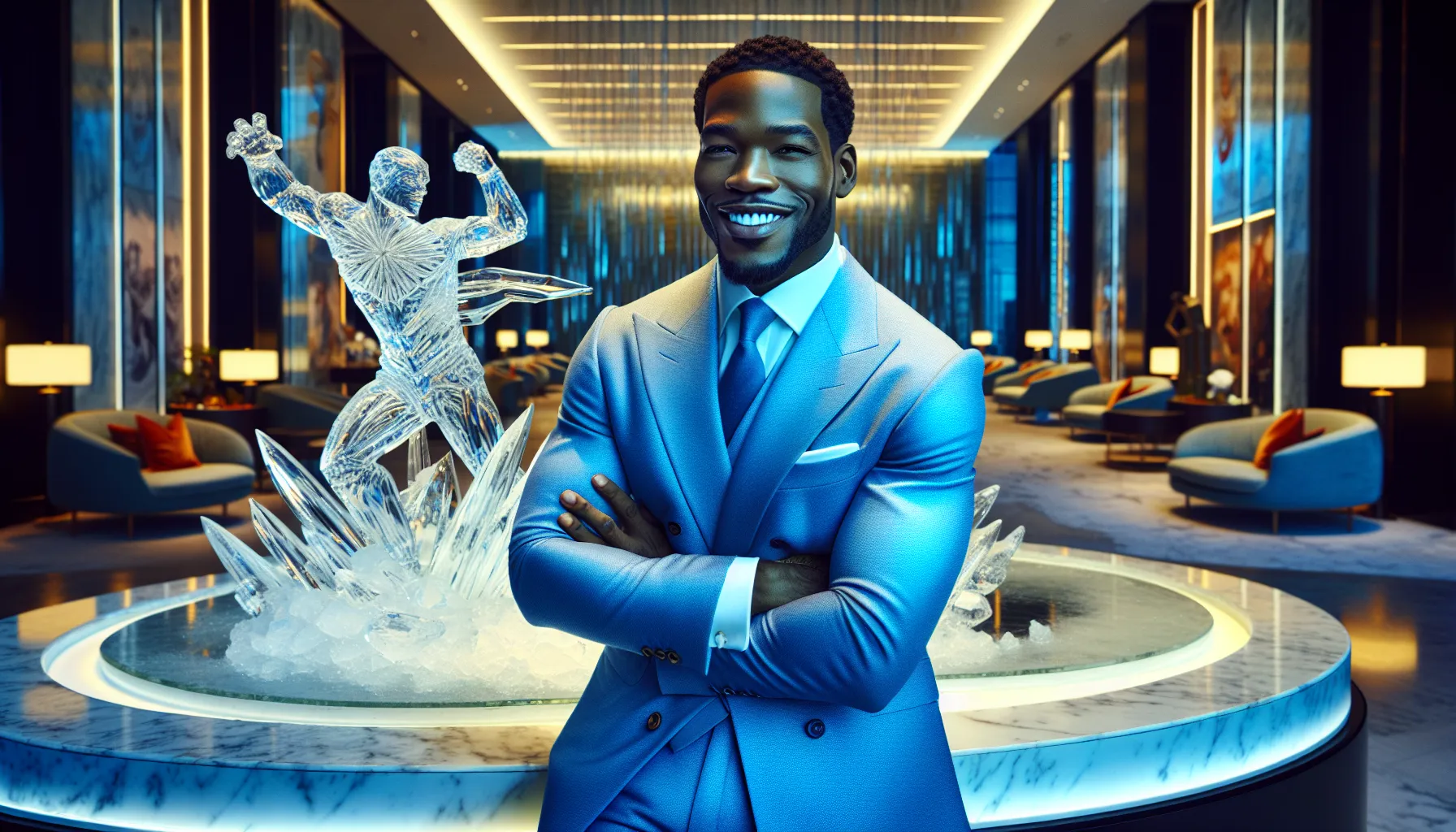 Frozone-inspired character in a stylish hotel lobby.