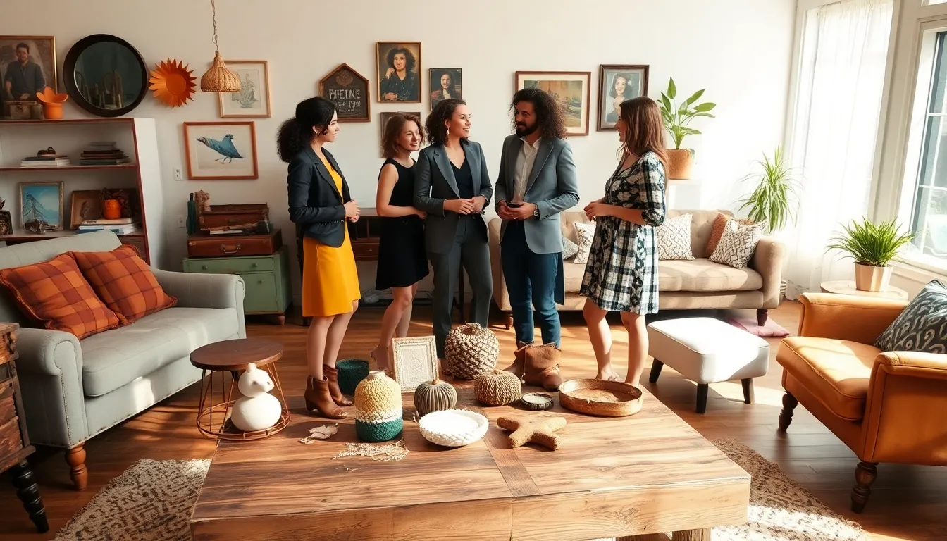 Room decorated with thrifted furniture and diverse individuals discussing decor.