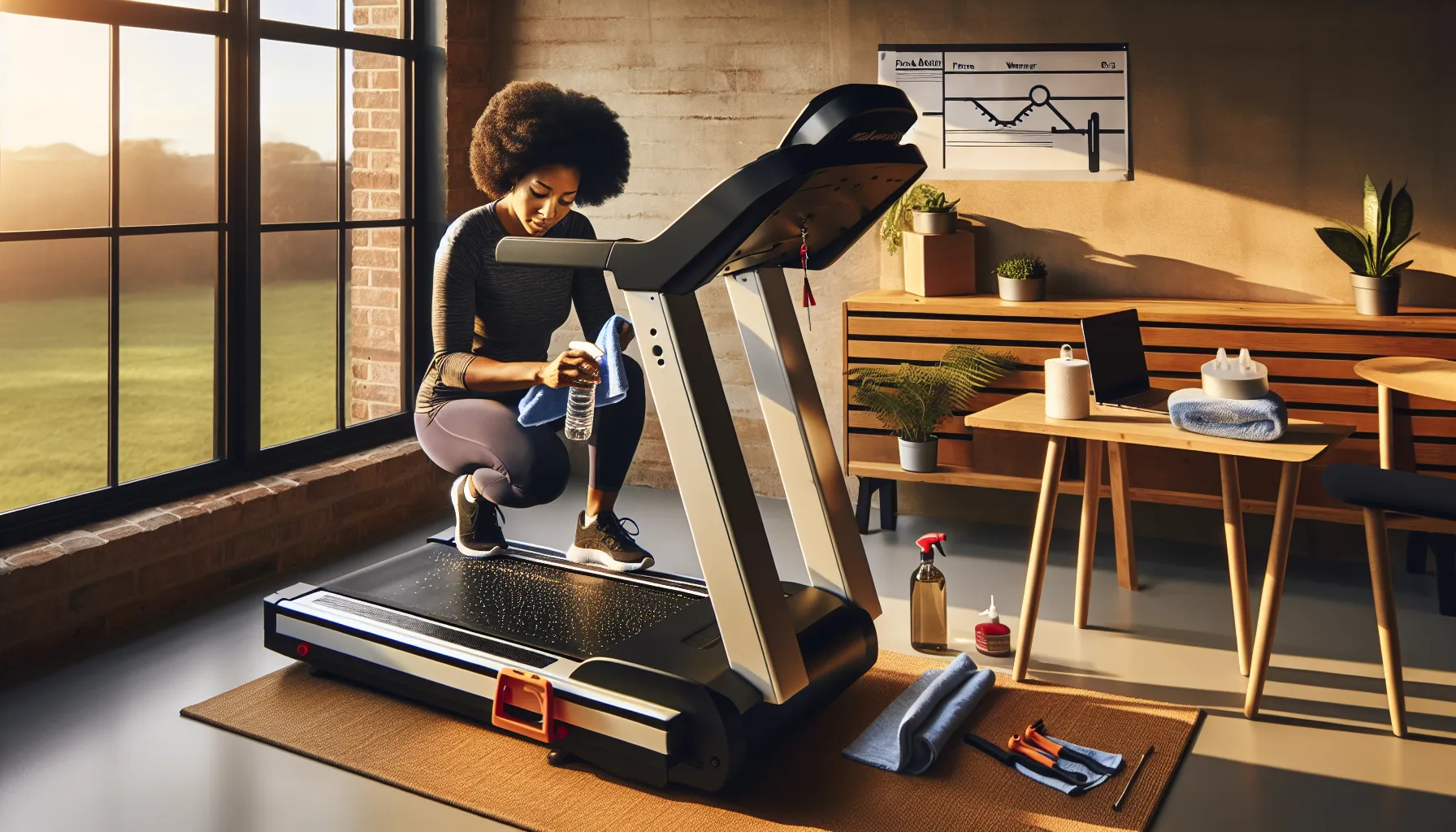 Woman maintaining home treadmill with warranty card, tools, and sale price screen.