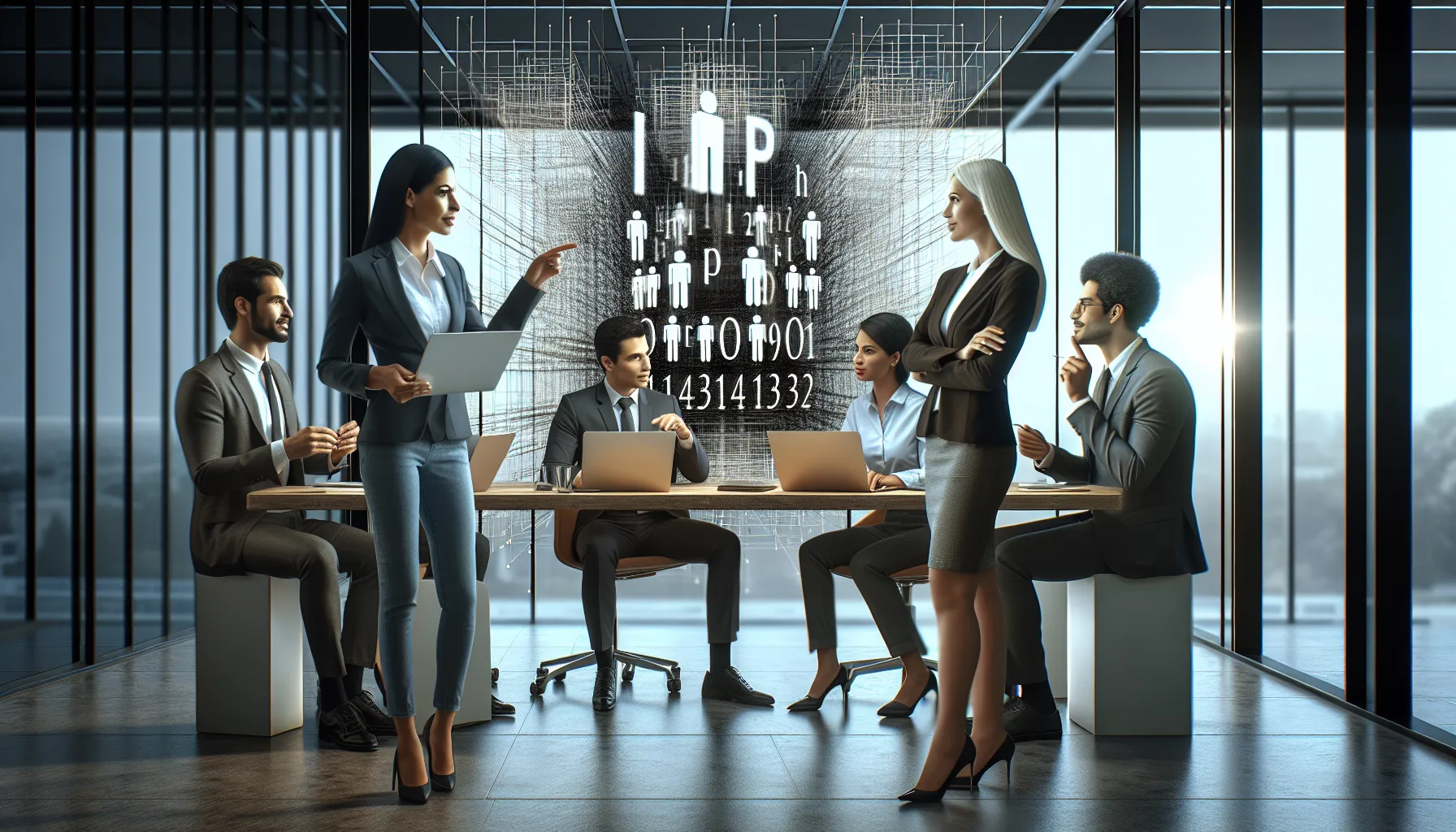 professionals discussing IP address concepts in a modern office.