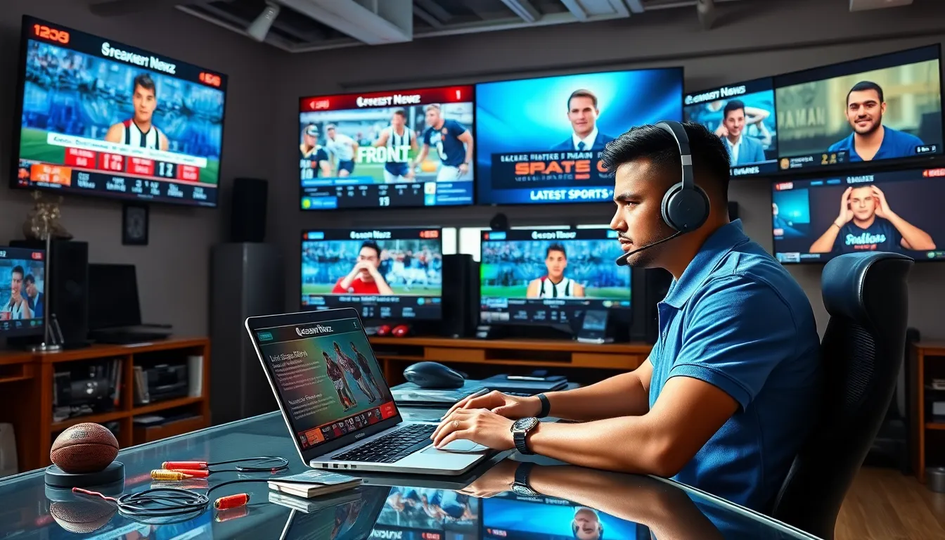 a sports journalist working at a busy news desk surrounded by screens.