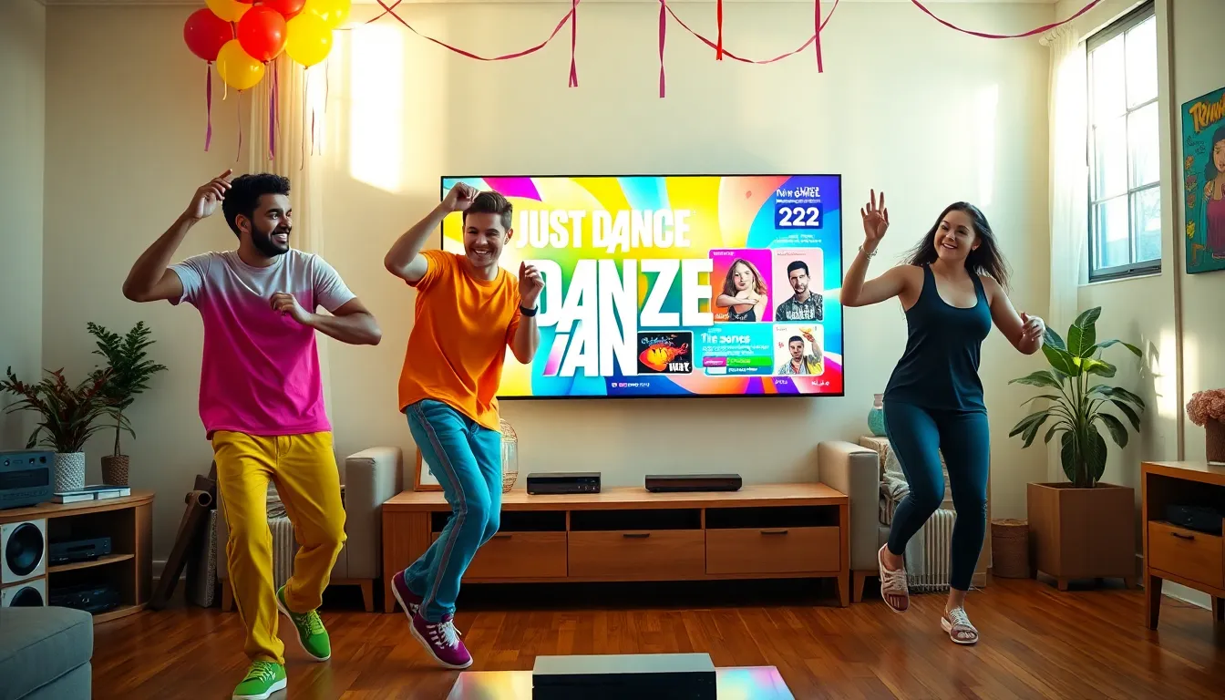 a group of friends dancing in a colorful living room playing Just Dance 2022