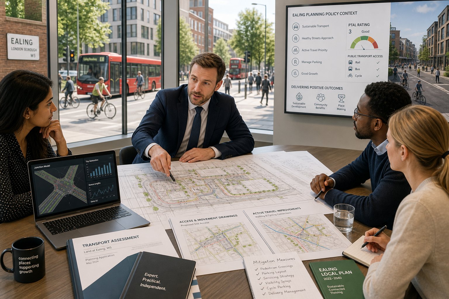 Traffic engineer reviewing planning and transport plans with a consultant team.