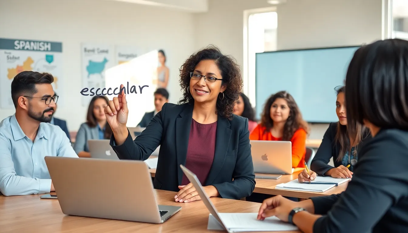 diverse group learning Spanish in a modern classroom.