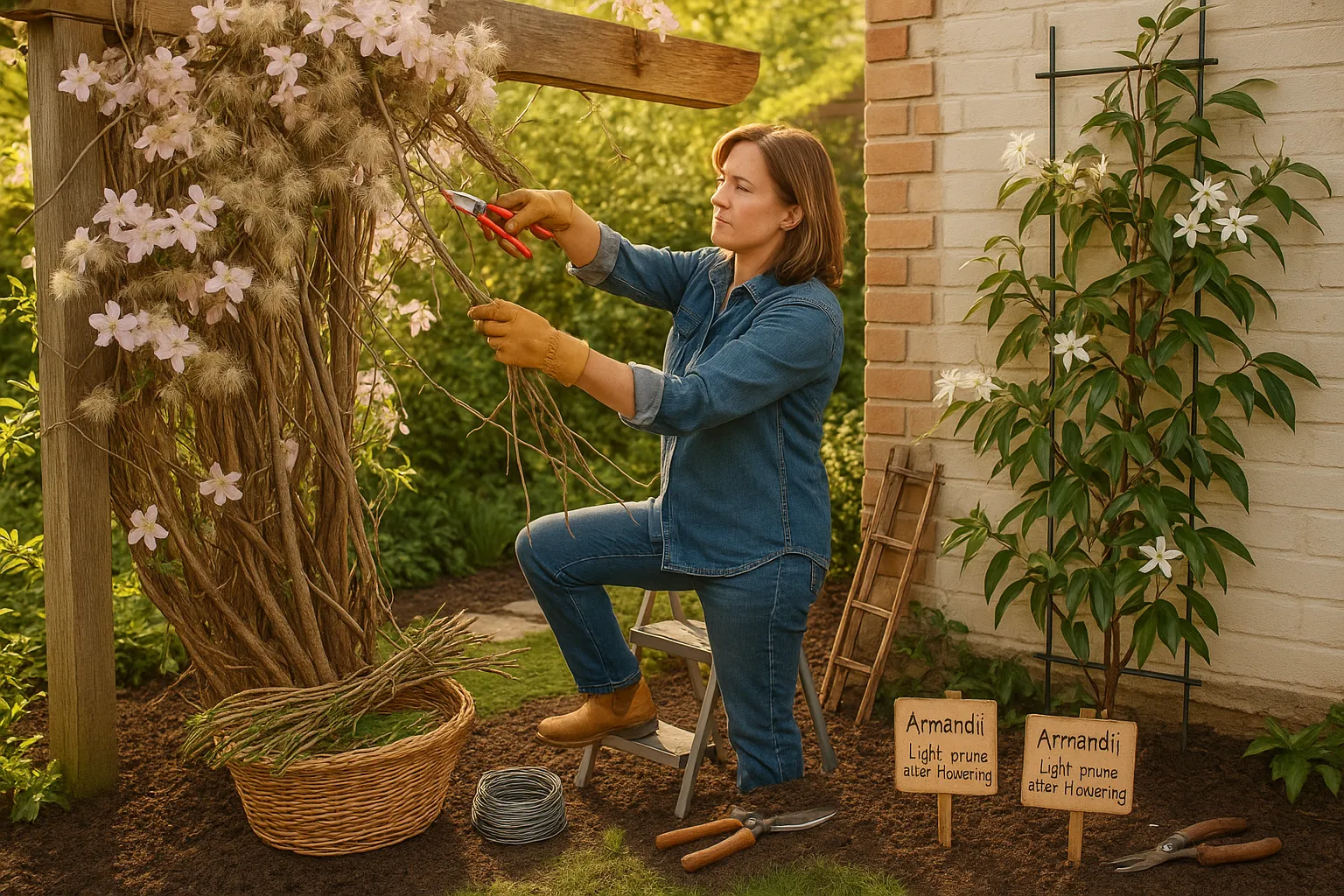 Gardener pruning Clematis montana on a pergola beside Clematis armandii climbing a wall.