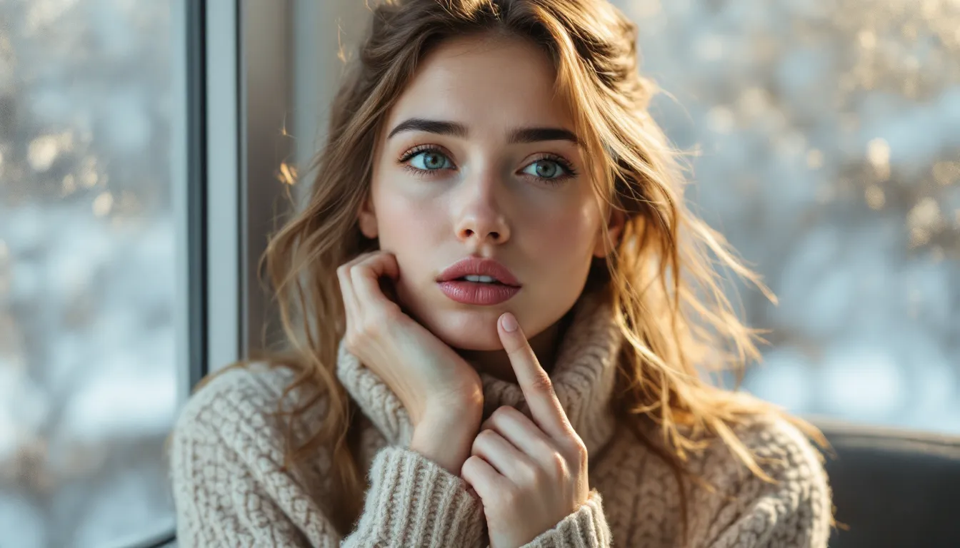 Woman touching her dry, chapped lips by a window on a cold winter day.