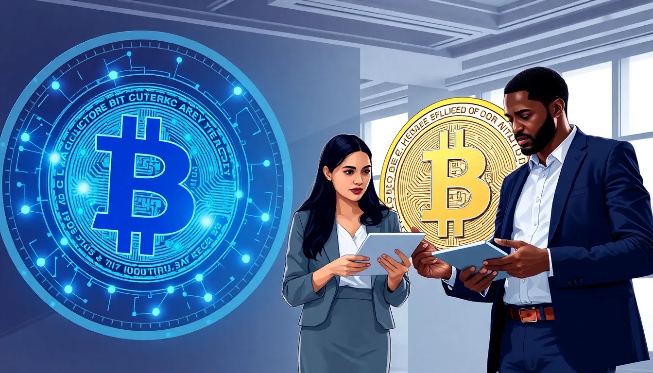 diverse team analyzing Bitclassic Coin in a modern office setting.