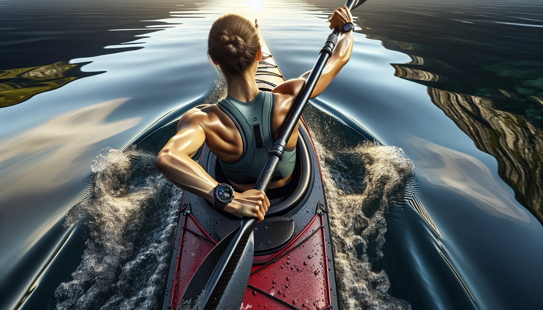 Norwegian woman kayaking in catch phase on calm fjord at sunrise.