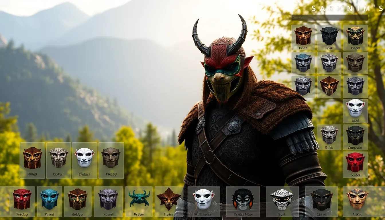 Nord warrior wearing a whimsical mask in a fantasy landscape.