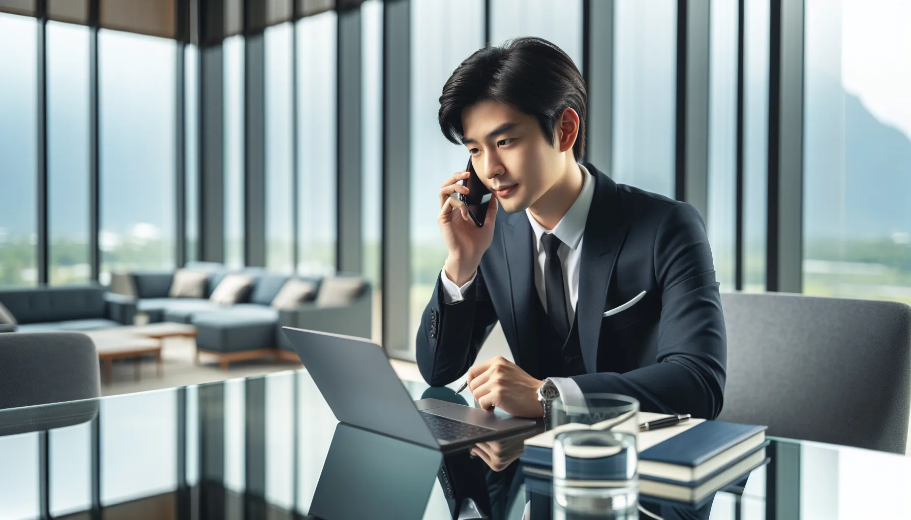 Professional on a call in a modern office.