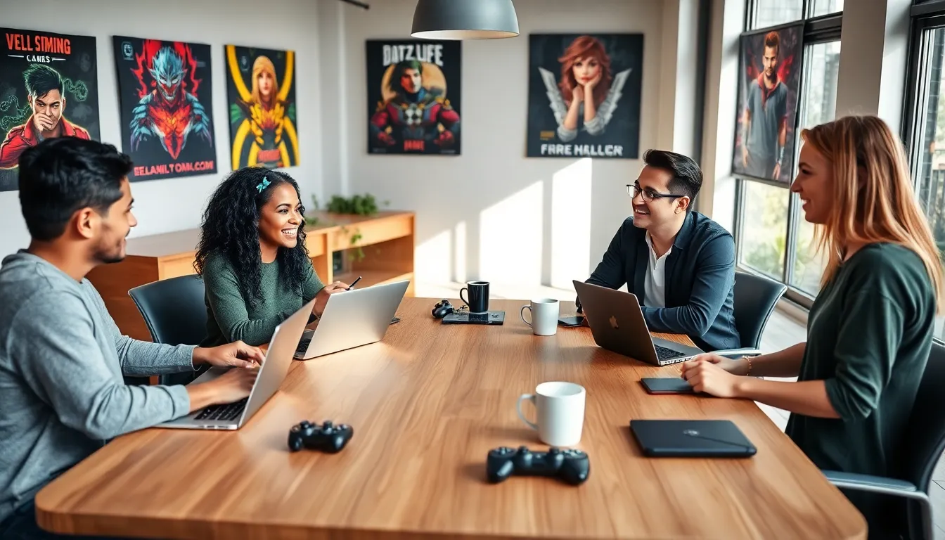diverse gamers discussing in a bright, modern workspace.