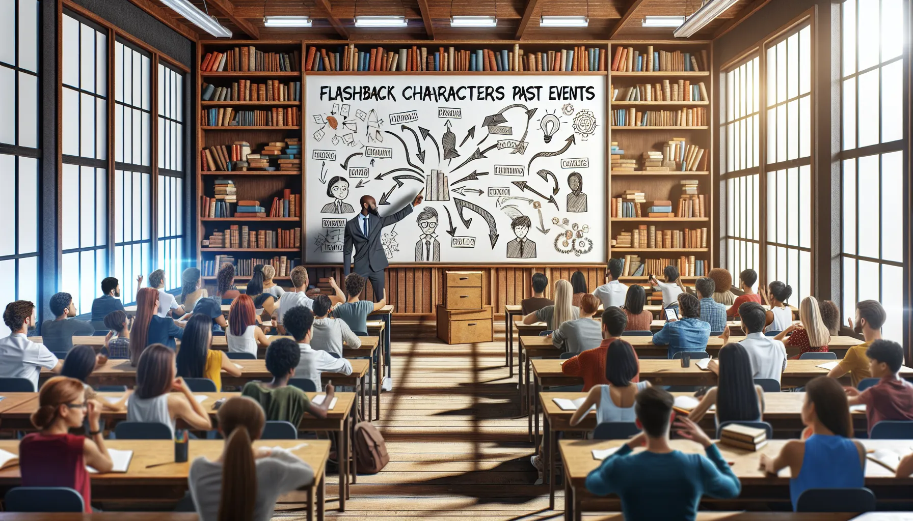 A teacher explaining literary concepts to engaged students in a classroom.