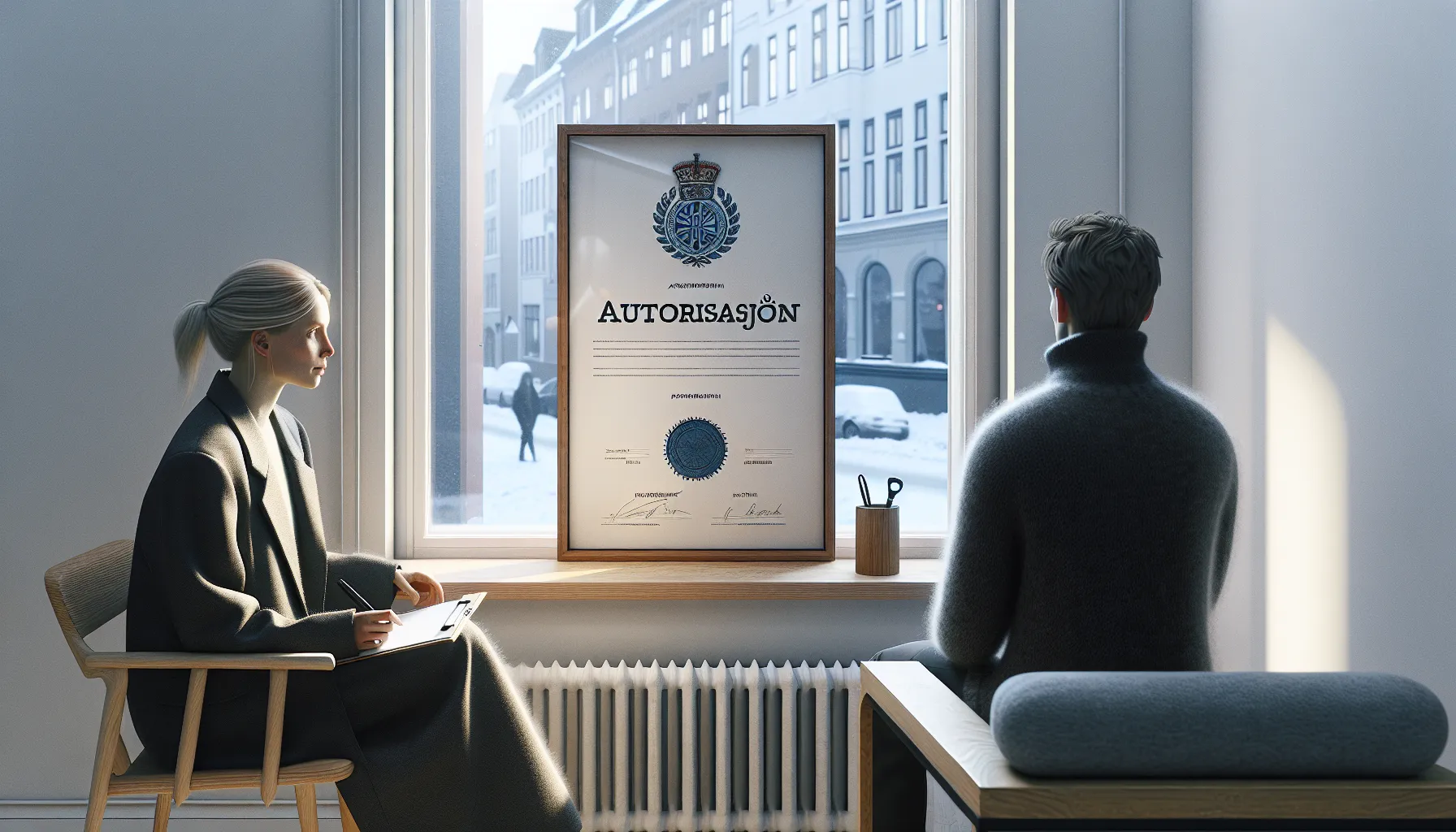 Norwegian psychologist authorization certificate with psychologist and client in background.