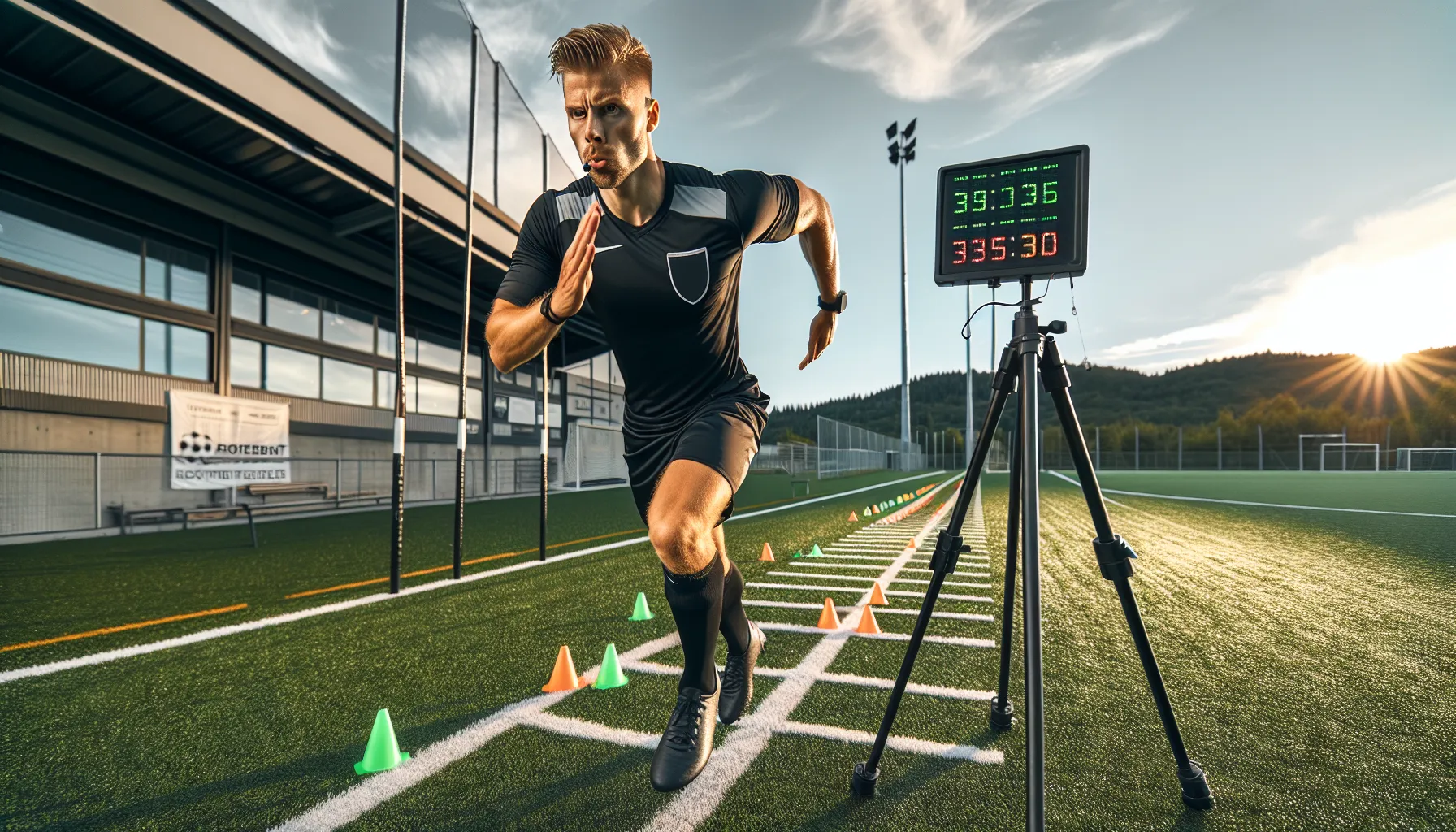 Norwegian referee sprints through timing gates during data-driven training session.
