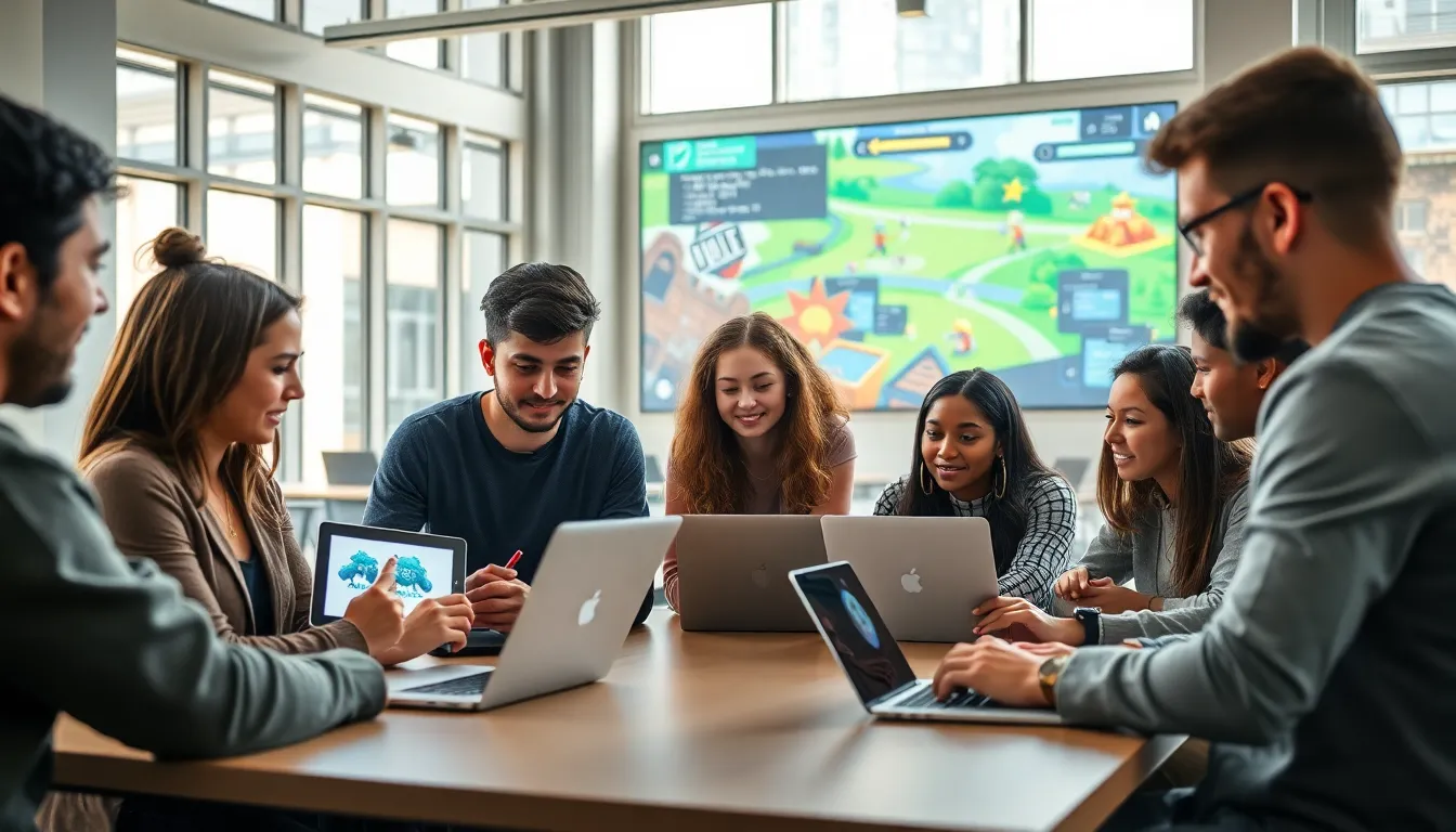 diverse team collaborating in a modern game design studio.