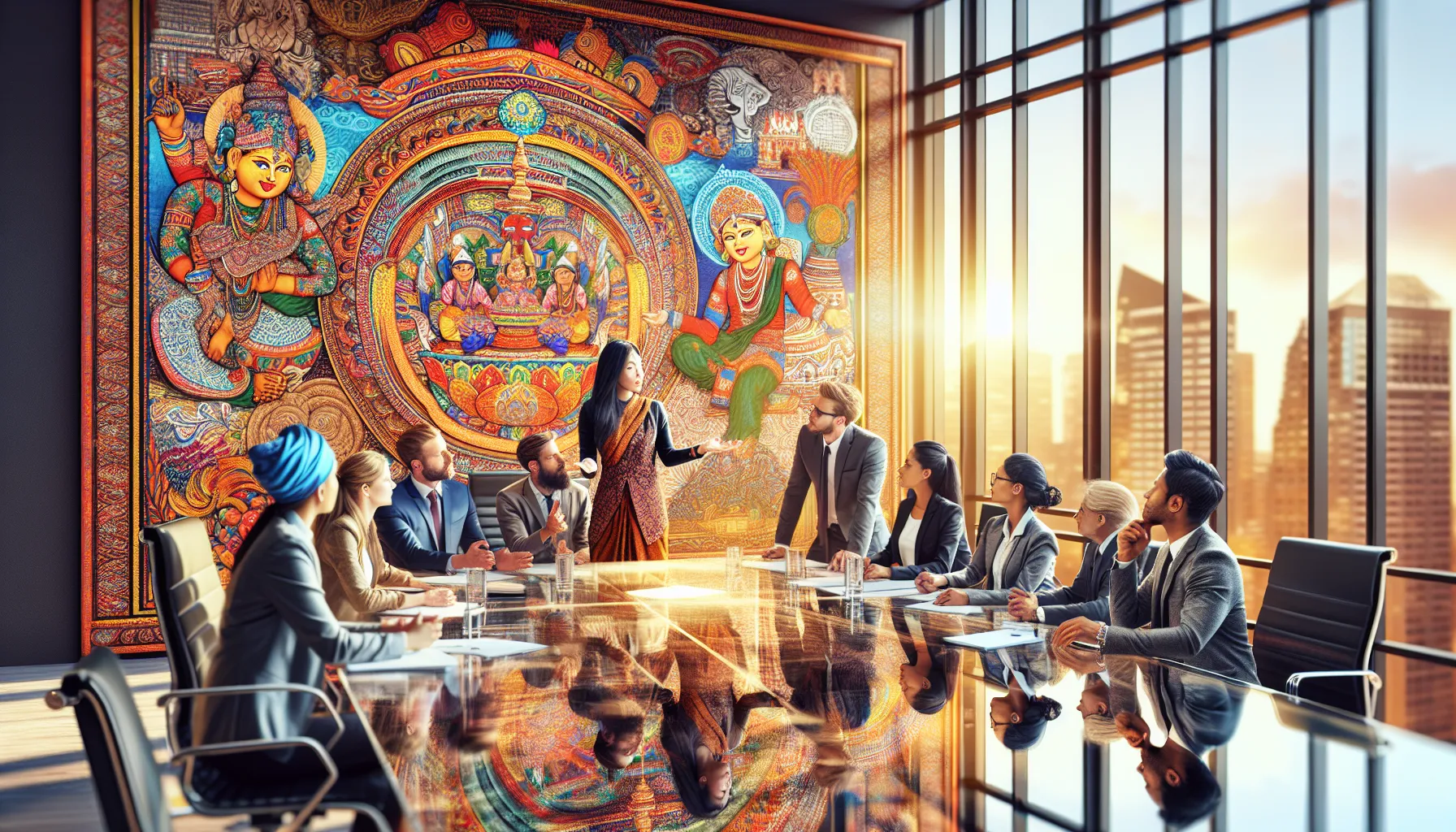 group of professionals discussing Nepalese culture in a modern office.