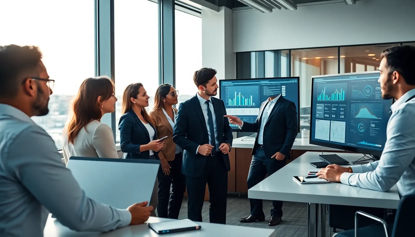diverse team discussing data analytics in a modern office.