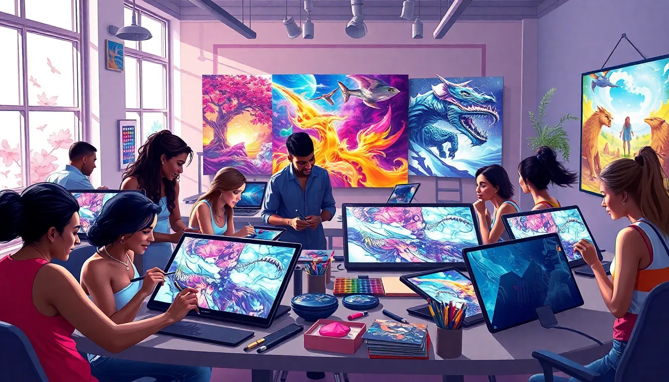 diverse artists collaborating in a modern creative workspace.