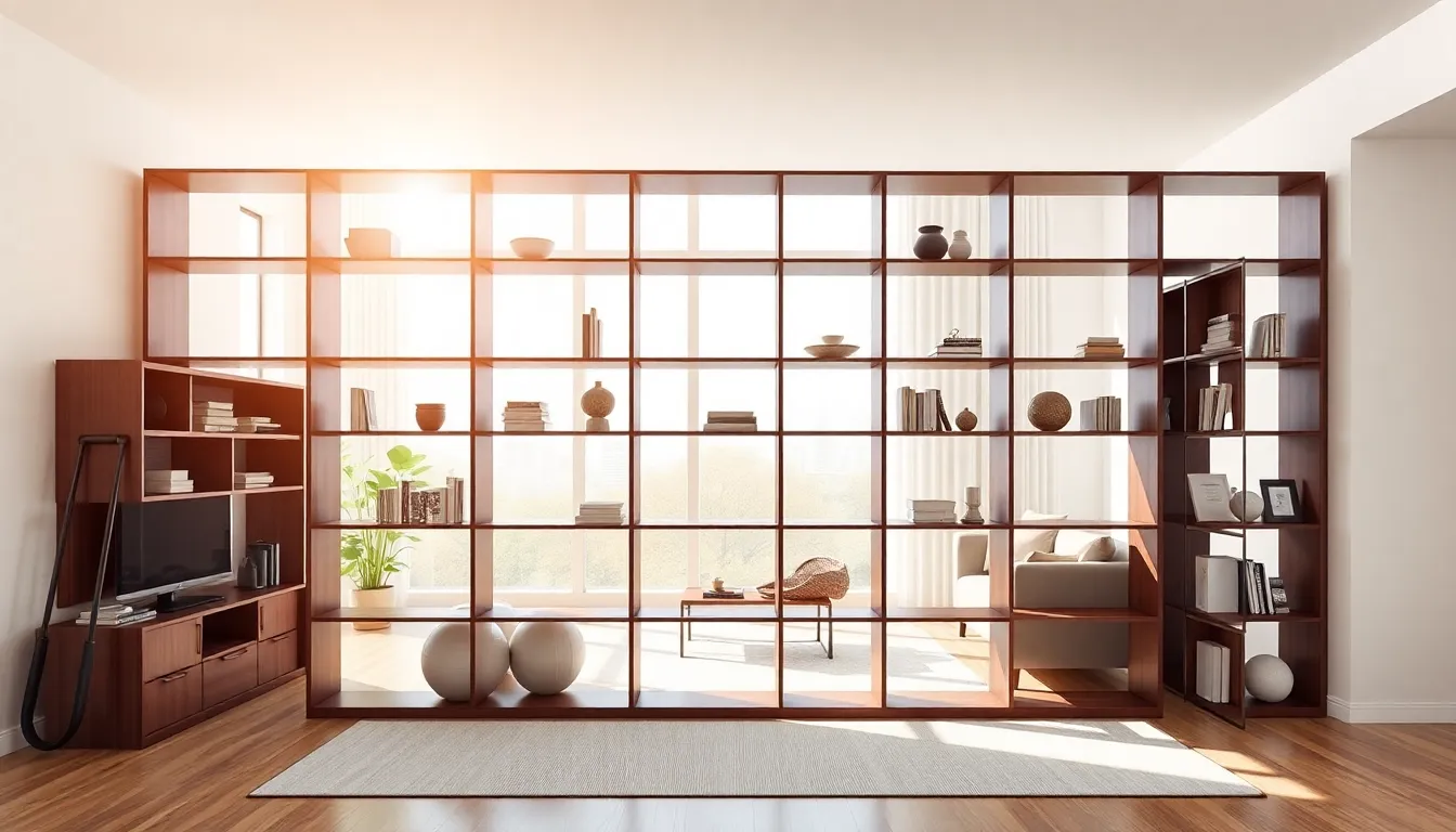 modern bookshelf showcasing dimensions 82x96x56 inches in a stylish living space.