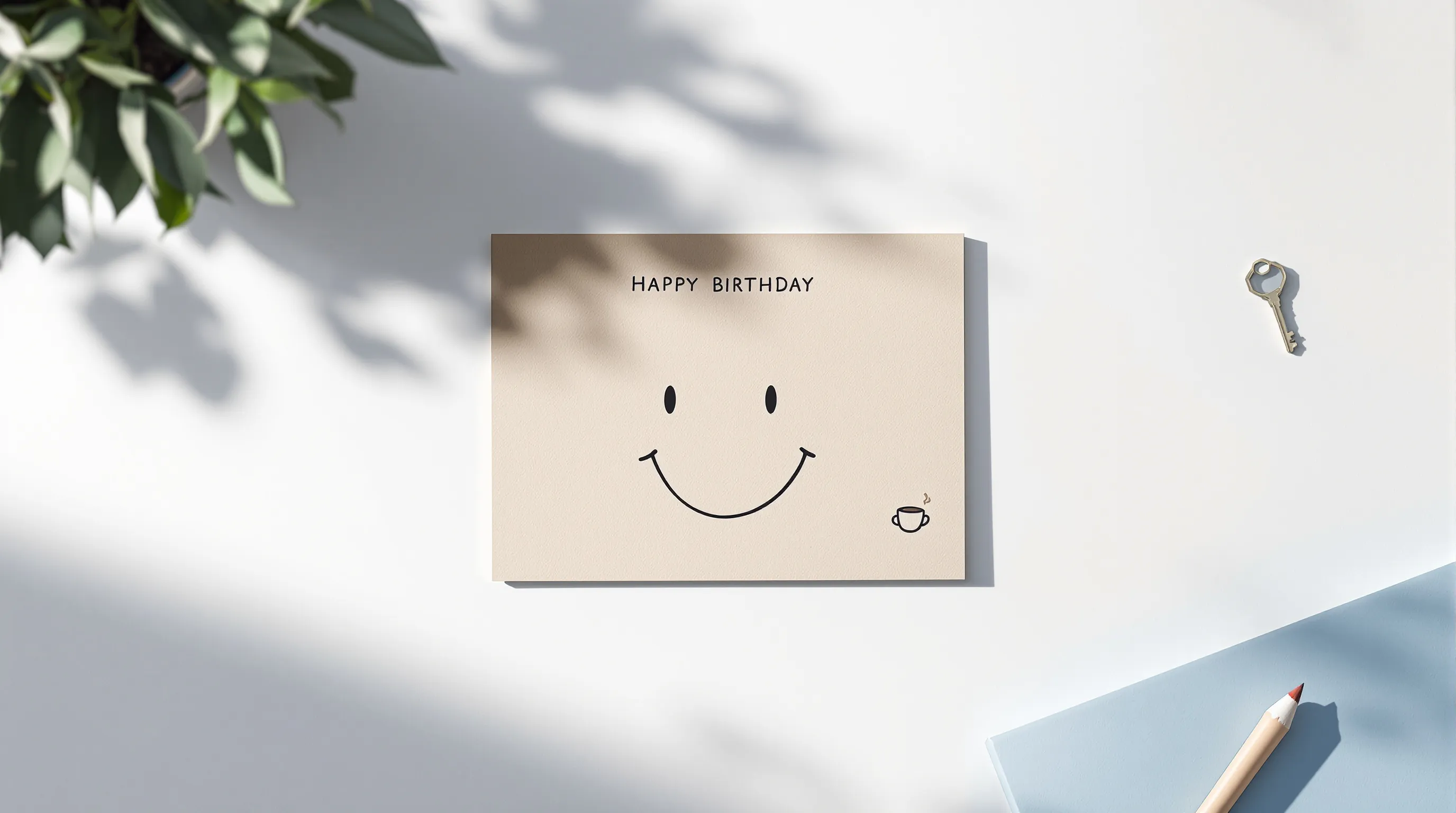 a minimal birthday card with a coffee cup, glasses, and key