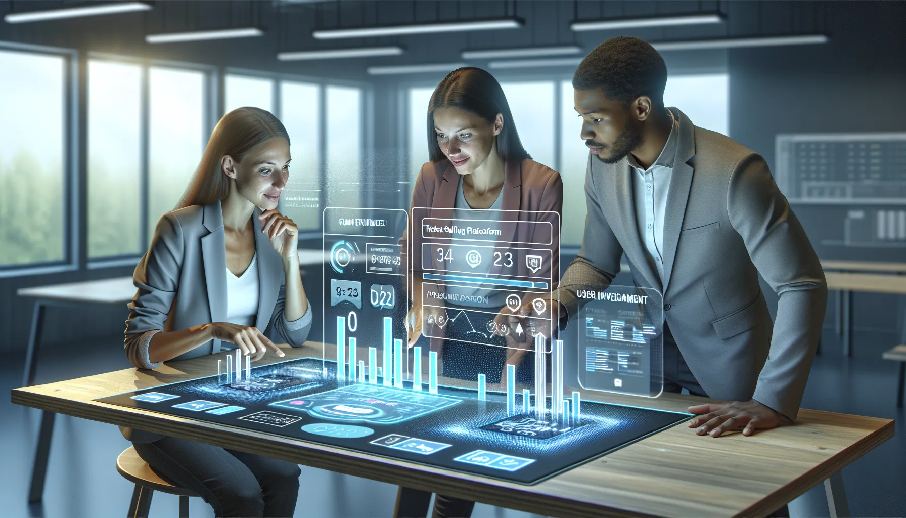 diverse professionals discussing gamified ticket sales in a modern office.