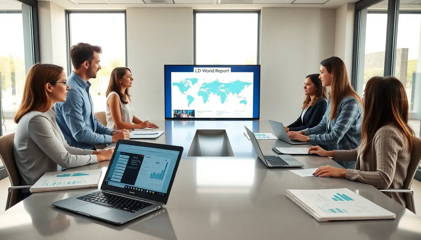 team reviewing the LDS World Report in a modern office setting.