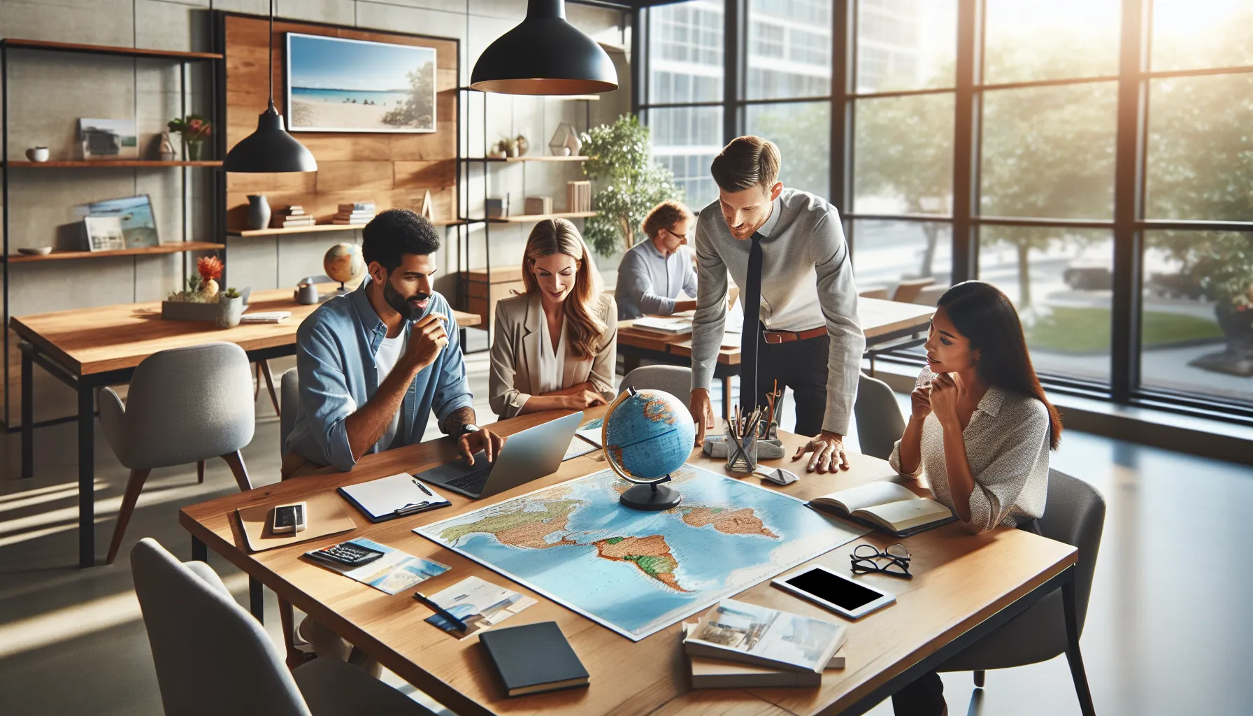 diverse team collaborating on travel planning in a modern office.