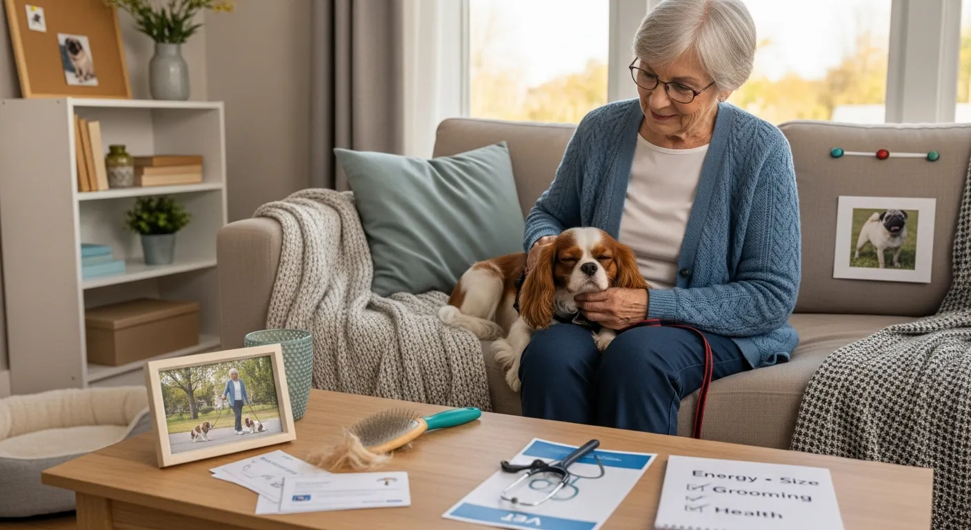 Older woman sitting on a sofa gently petting a calm small companion dog.