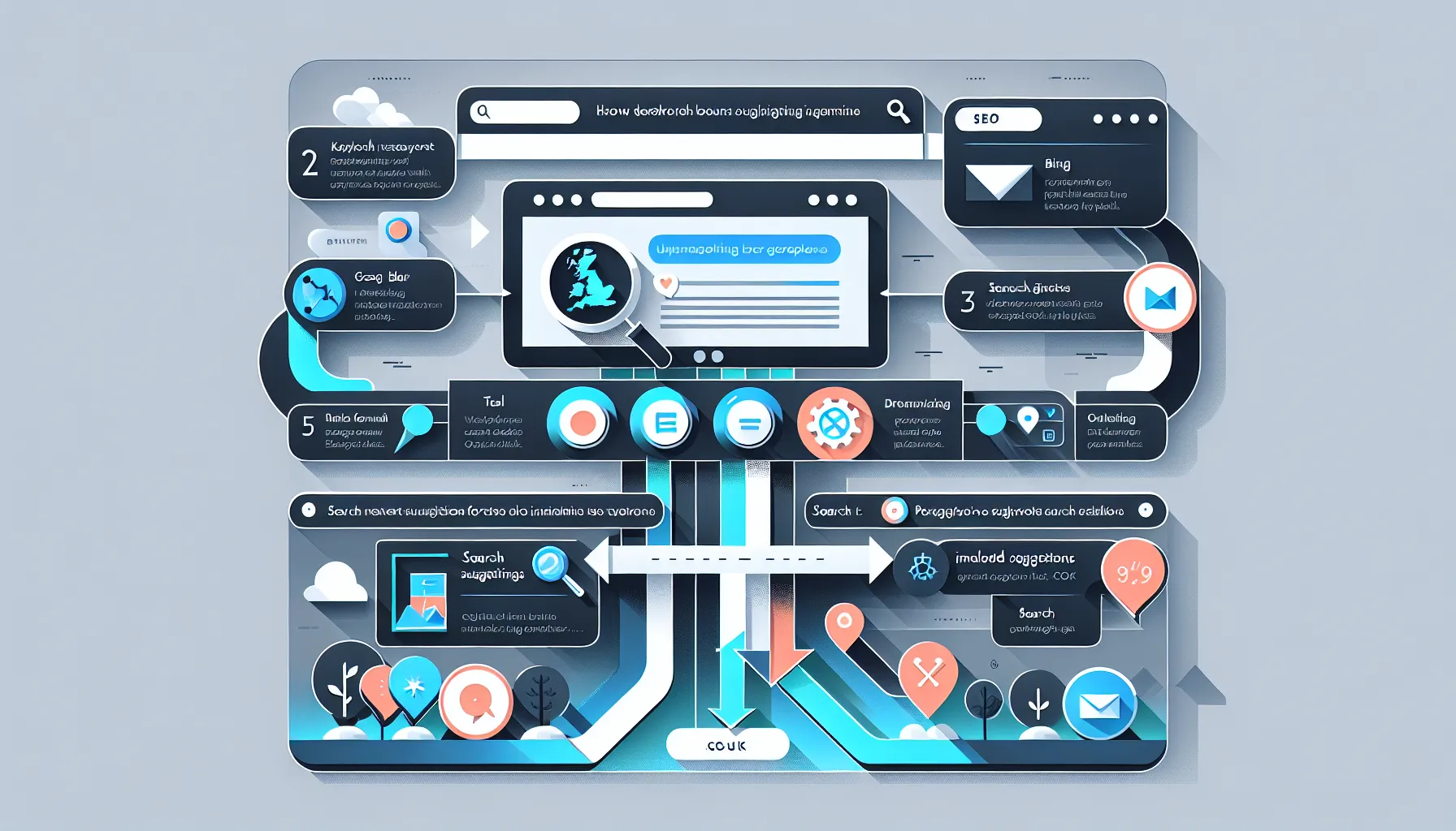 Flowchart of free UK-focused keyword research via SERP, autocomplete, forums, mapping.
