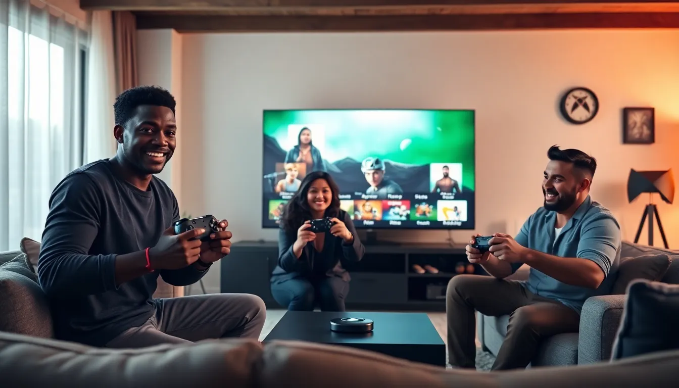 diverse gamers playing Xbox together in a modern living room.