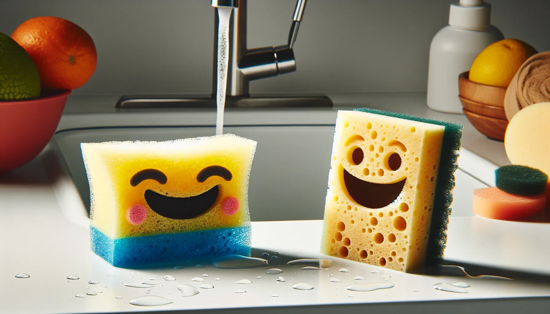 The Scrub Daddy and Scrub Mommy displayed on a kitchen counter.