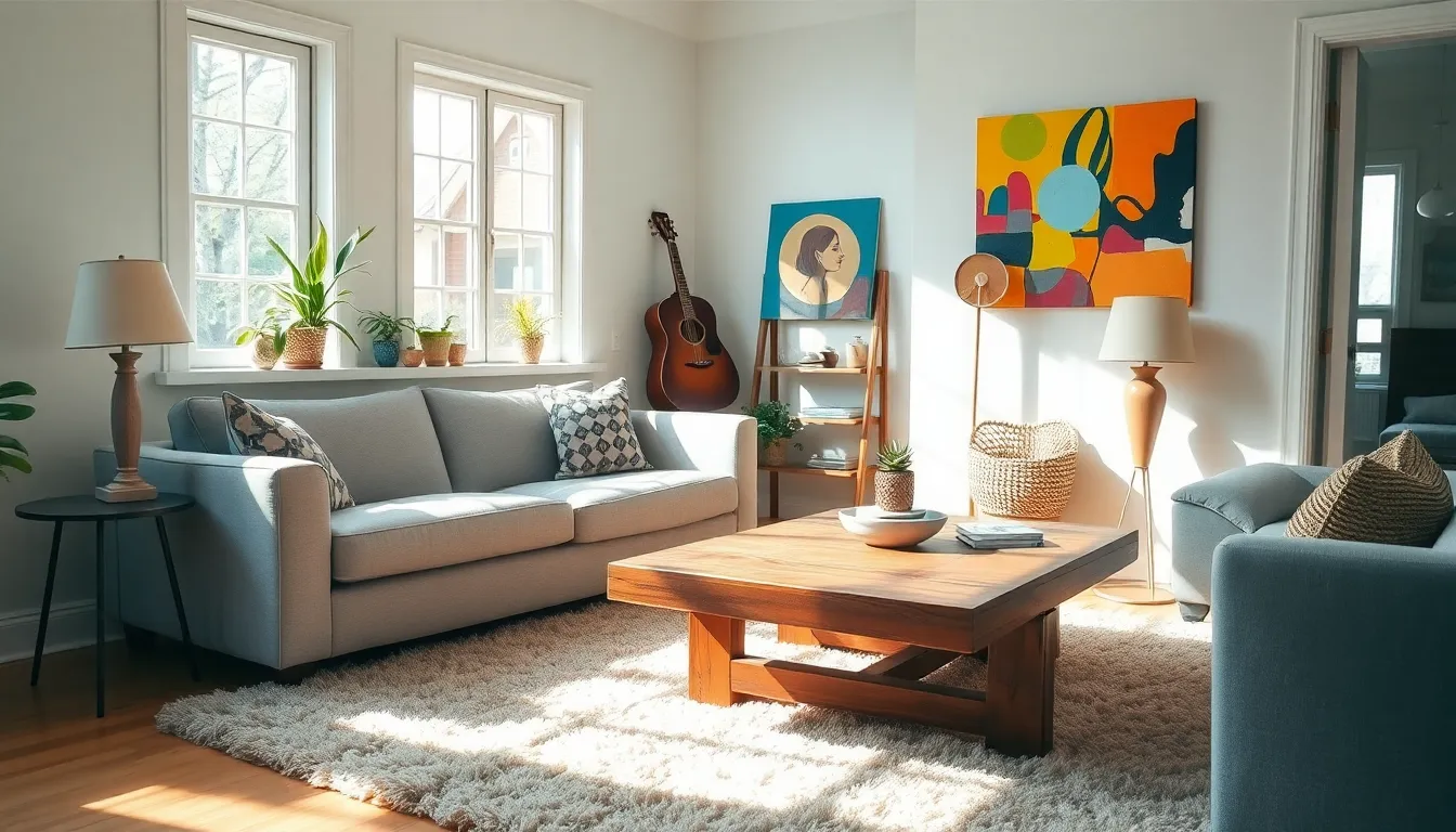 A cozy living room with modern and rustic furniture styles.