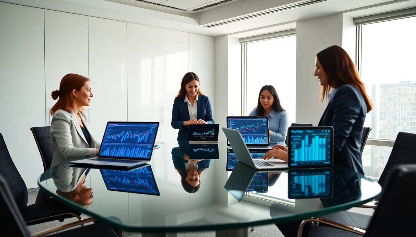diverse team analyzing data in a modern office.
