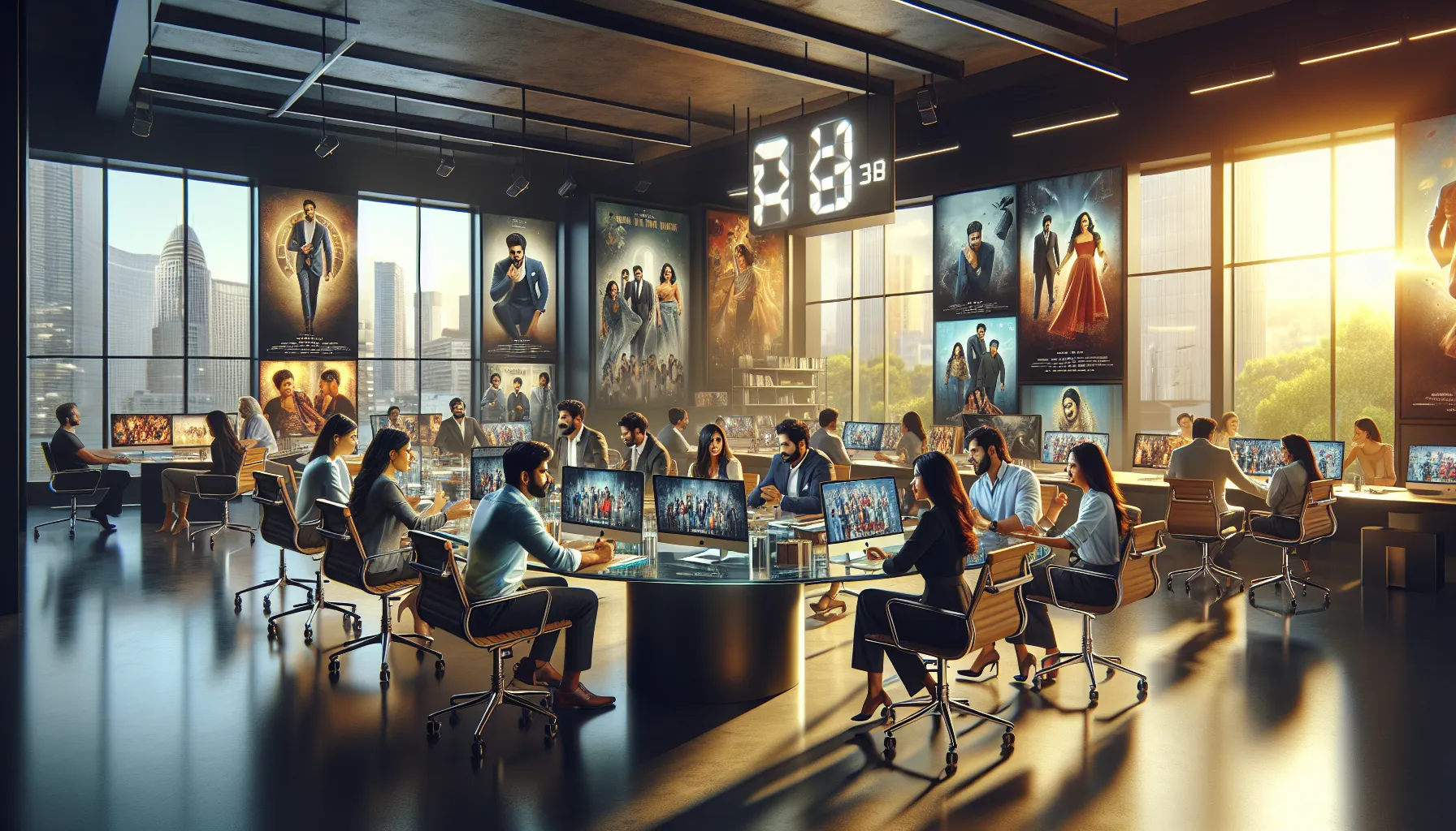 diverse team collaborating on Telugu film selections in a modern workspace.