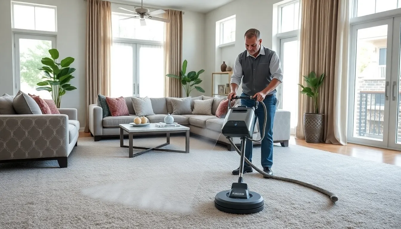 technician cleaning a carpet in a bright living room.