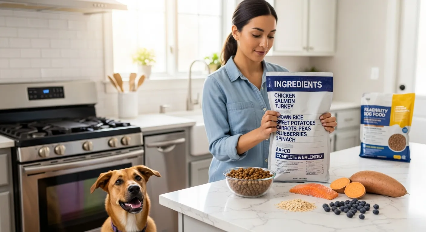 Woman reading a dog food label with real ingredients as her dog waits nearby.
