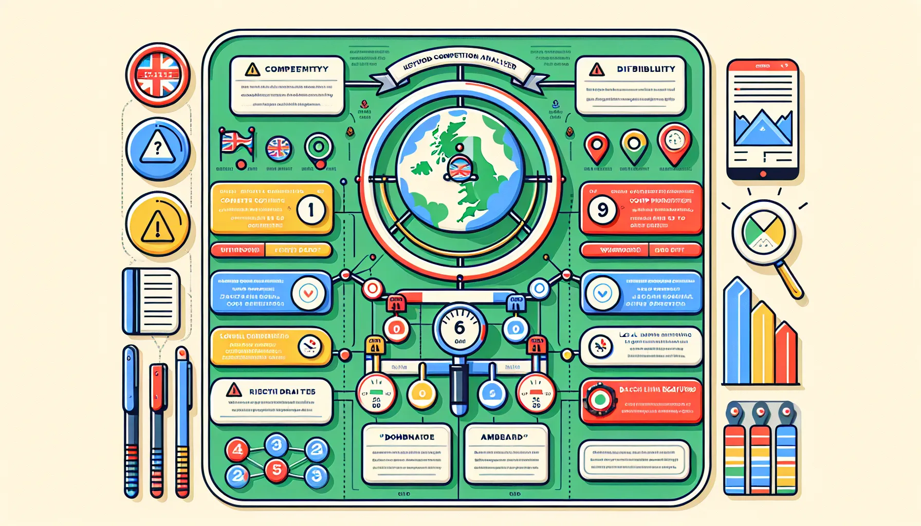 UK-focused infographic of keyword competition analysis steps and supporting tools.