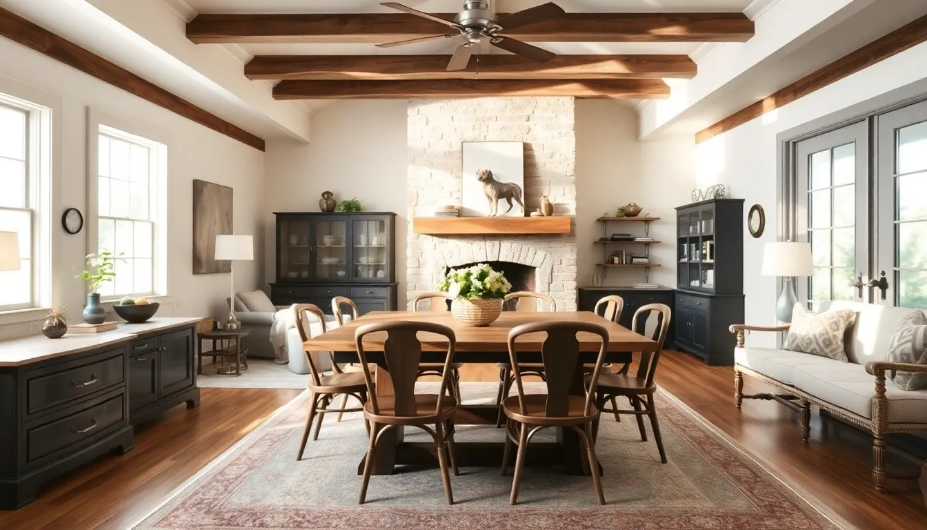 inviting farmhouse interior with rustic elements and soft color palette.