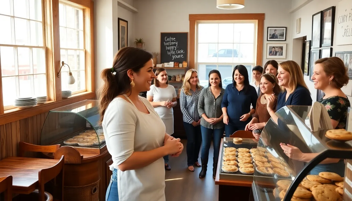 local bakery with customers enjoying cookies and cozy atmosphere.